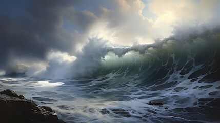 Obraz premium The image is a beautiful painting of a stormy sea. The waves are crashing against the rocks, and the sky is dark and cloudy.