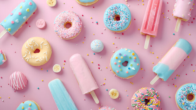 postres alimentos deliciosos donas y paletas con chispas de chocolate gourmet dise&ntilde;o de reposteria colorido cuadro decorativo en tonos pastel 