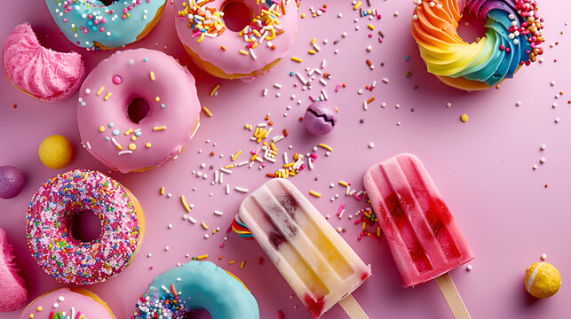 fondo divertido de reposteria con elementos de alimentos donas y paletas con chispas de colores como dise&ntilde;o fondo para invitacion digital o decoracion