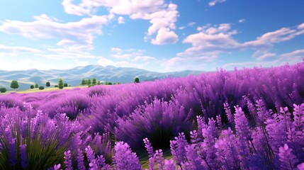 Obraz premium A beautiful field of lavender flowers in bloom. The purple flowers are in full bloom and the field is a sea of color.