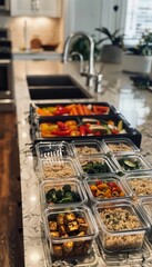 Healthy Meal Prep Station with Containers of Brown Rice, Roasted Vegetables, and Grilled Tofu for Balanced Diet