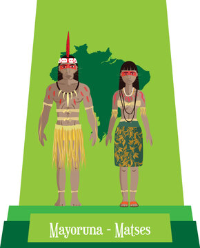 Illustration vector isolated of Brazilian native people, Mayoruna, Matses, typical costume.
