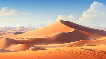 This is a beautiful landscape of a desert with a large sand dune in the foreground and a clear blue sky with some clouds in the background.