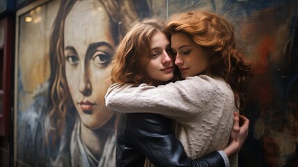 Young Woman and Friend Embracing in Montmartre's Artistic Setting