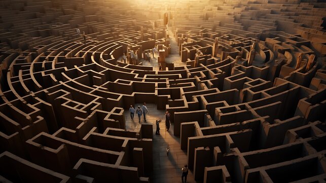 People walking in a giant maze, trying to find the exit. The maze is made of tall walls and is very confusing.
