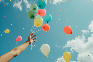 Hand releasing vibrant balloons into the sky, symbolizing celebration and freedom, expressing joy and happines