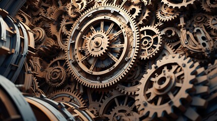 An intricate and complex clockwork mechanism. The gears are made of a variety of materials, including metal, wood, and plastic.
