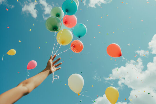 Hand releasing vibrant balloons into the sky, symbolizing celebration and freedom, expressing joy and happines