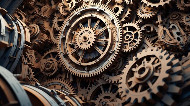 An intricate and complex clockwork mechanism. The gears are made of a variety of materials, including metal, wood, and plastic.