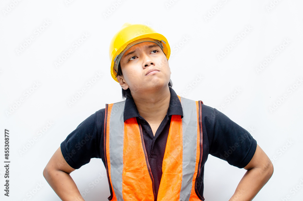 Wall mural stressed overworked concept illustrated by asian male construction worker in orange vest and yellow 