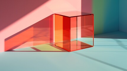 3D rendering of a glass cube on a pastel background. The cube is transparent and reflects the colors of the background.