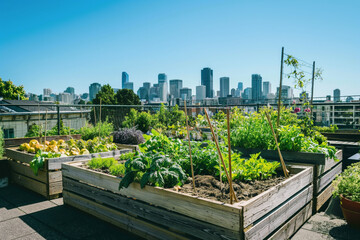 Fototapeta premium Elevated garden beds on a rooftop with a vibrant city skyline in the background under a clear blue sky.