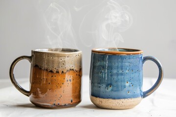 Pair of mugs standing together in warm ambiance