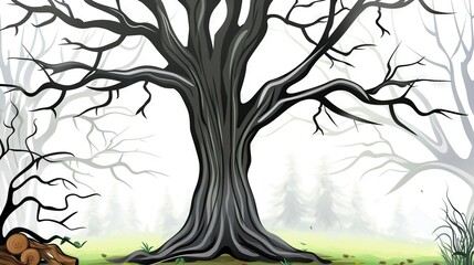   A sketch of a tree devoid of foliage with a canine reclining beneath it on the grass