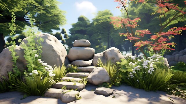 The image is a beautiful landscape of a rocky path leading through a lush green forest.