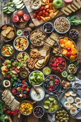 Fototapeta premium Gluten-Free Snacks and Meals: A Colorful Array of Healthy Options on a Rustic Wooden Table