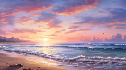 Fototapeta premium Tranquil beach scene with gentle waves lapping the shore at sunset. Pink, blue and violet hues paint the sky above the calm sea.