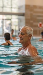 Obraz premium Senior Man Engaging in Aquatic Exercise for Joint Pain Relief at Indoor Pool Facility
