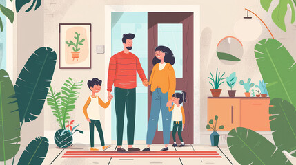 A joyful family costs through the doorway of their new home, beaming with excitement. Parents lead the way, holding hands with their children, surrounded by moving boxes and a sense of new beginnings.