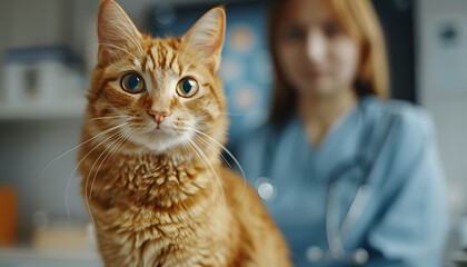 Veterinarian examining ginger cat on the table in a veterinary clinic. Pet health check-up.
