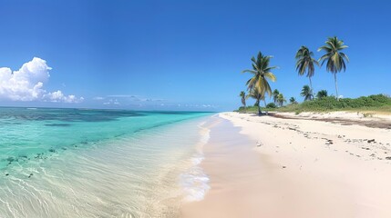 Obraz premium Tropical beach with soft white sand, turquoise waters, and gently swaying palm trees, under a clear blue sky
