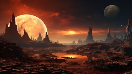 Obraz premium A beautiful landscape of a red planet with two moons.