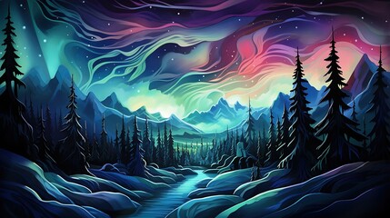 Obraz premium The image is a beautiful landscape of a forest with a river running through it. The sky is dark, and the aurora borealis is visible in the background.