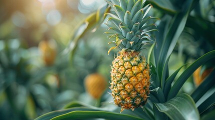   Pineapple on a sunlit tree surrounded by other fruit
