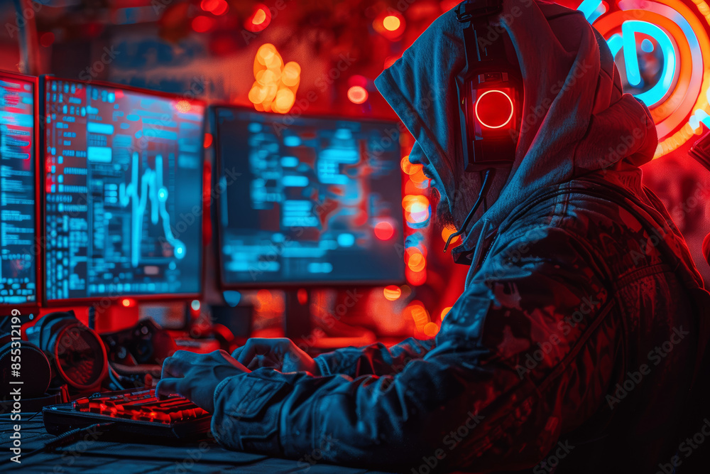 Poster a cyberpunk hacker accessing a secure network in a neon-lit room. concept of cyberpunk and technolog