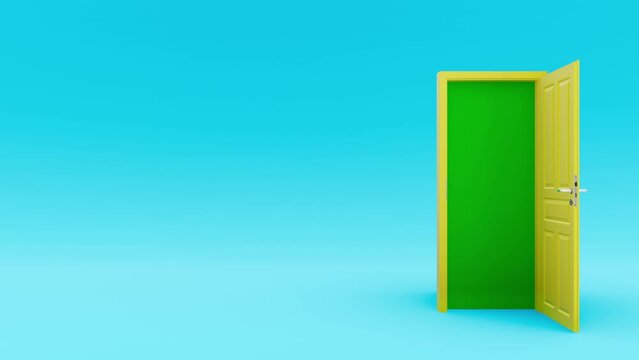 Yellow door opening with light blue background, isolated, 4k, 60fps, opportunity concept, metaphor for new opportunities, 3d illustration