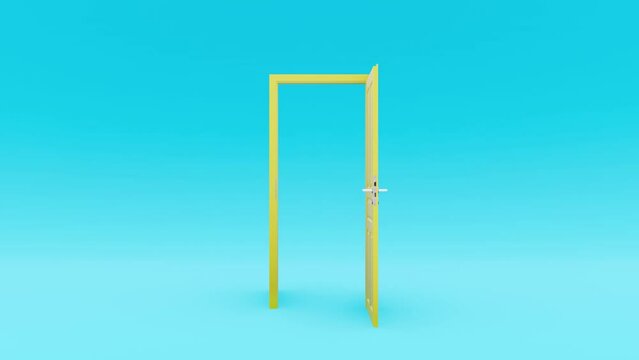 Yellow door opening with light blue background, isolated, 4k, 60fps, opportunity concept, metaphor for new opportunities, 3d illustration