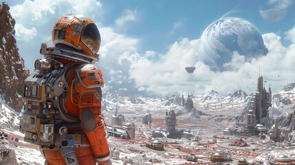 A lone astronaut stands on a snow-covered alien planet, gazing out at a vast futuristic city and a large moon in the sky.