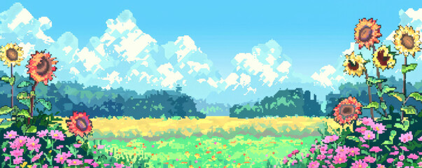 Obraz premium Pixel Art Sunflower Field with Bright Sky and Vibrant Colors