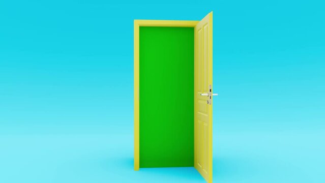 Yellow door opening with light blue background, isolated, 4k, 60fps, opportunity concept, metaphor for new opportunities, 3d illustration