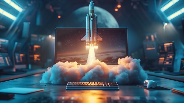rocket coming out of computer