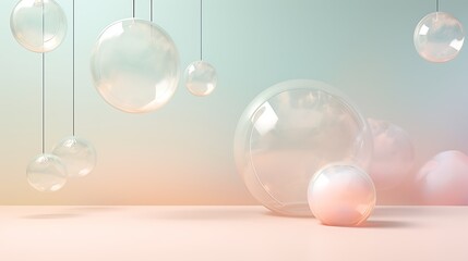 3D rendering. Pink and blue pastel colors. Glass balls of different sizes hang in the air. The balls are transparent. The background is blurred.