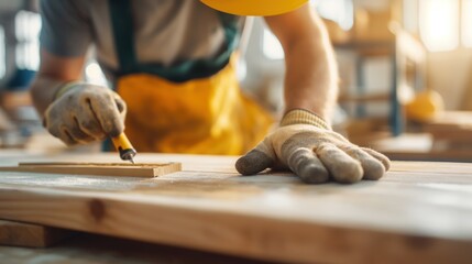 Residential carpenter building a cabinet close up, focus on woodworking workshop