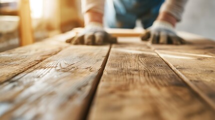Restoration carpenter refurbishing old woodwork focus on, copy space wood restoration historic building