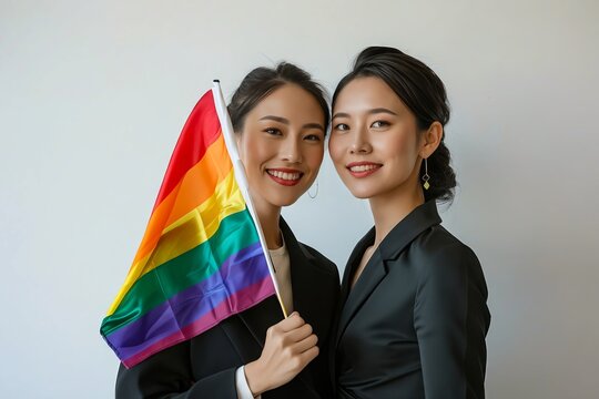 Two asian women in business attire holding a rainbow flag.