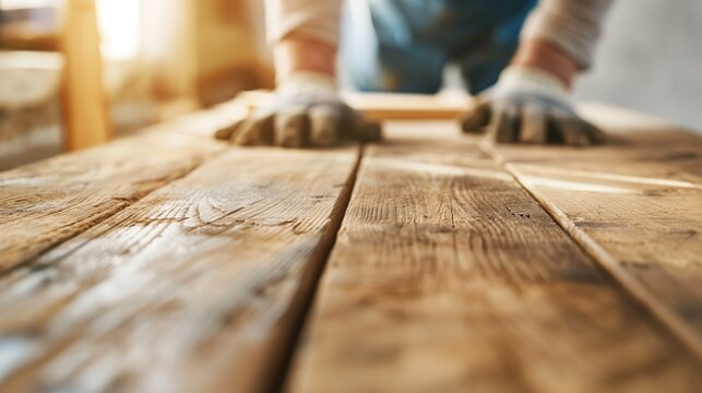 Restoration carpenter refurbishing old woodwork focus on, copy space wood restoration historic building