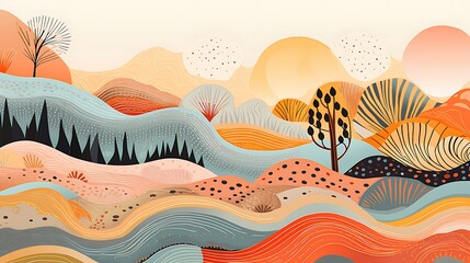 This is a beautiful landscape painting in a modern abstract style. The colors are vibrant and saturated, and the shapes are organic and flowing.