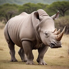 Naklejka premium A large, gray rhinoceros standing on a grassy plain.