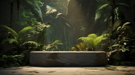 Stone podium Mockup Display in outdoors tropical garden forest nature background AI Generated