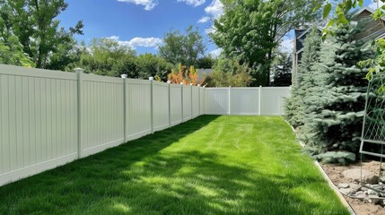 Vinyl fence enclosing backyard in green outdoor space