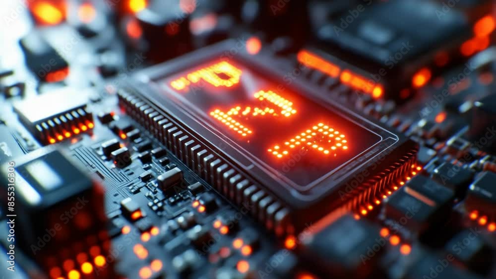 Poster close-up microprocessor chip with red led 'p2p' indicating peer-to-peer networking and advanced comp