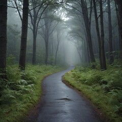 Fototapeta premium a mysterious, fog-shrouded forest path. Tall, ancient trees line the road, their branches forming a verdant canopy overhead.