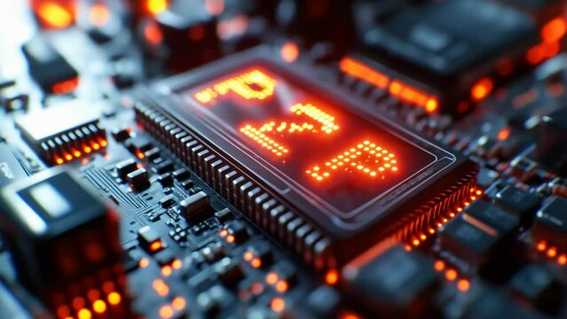 Close-up Microprocessor Chip with Red LED 'P2P' Indicating Peer-to-Peer Networking and Advanced Computing Concepts
