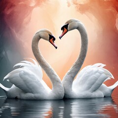 a pair of elegant swans gracefully swimming on a calm body of water. Their long, graceful necks are curved into a heart shape, creating a romantic and harmonious pose. 

