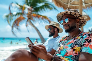 Two men are sitting on the beach, one of them is looking at his phone. The other man is wearing a hat and sunglasses. Scene is relaxed and leisurely