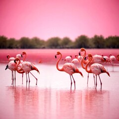 Fototapeta premium A large flock of flamingos standing in a shallow body of water. The striking pink plumage of the flamingos contrasts beautifully against the similarly vibrant pink hue of the water 